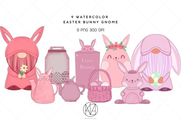 Download 9 Watercolor Easter Bunny Gnome Pink - Premium Bundle